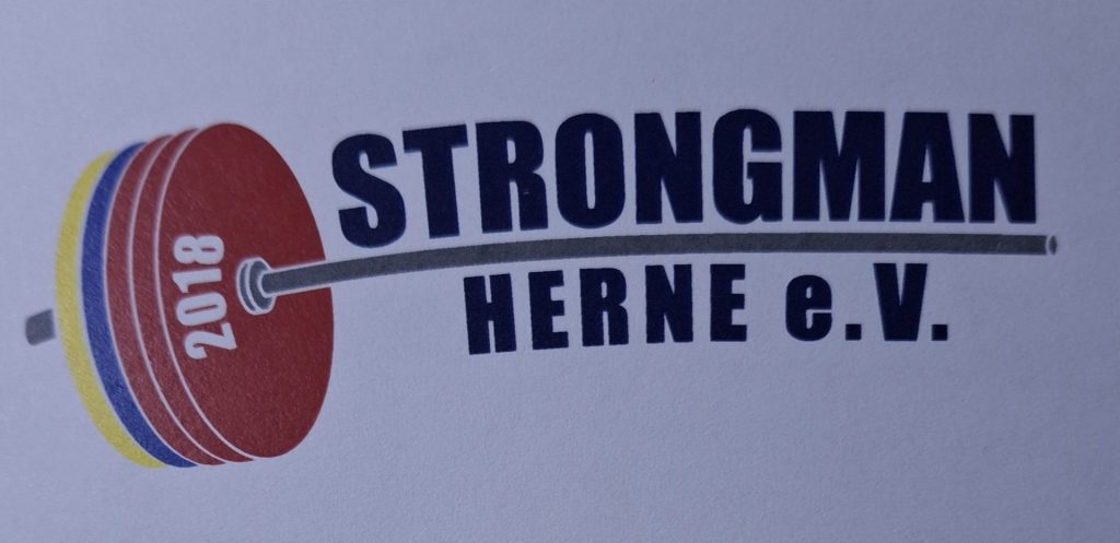 Logo Strongman Herne e.V. mit roter Hantel und gebogener Stange sowie der Jahreszahl 2018